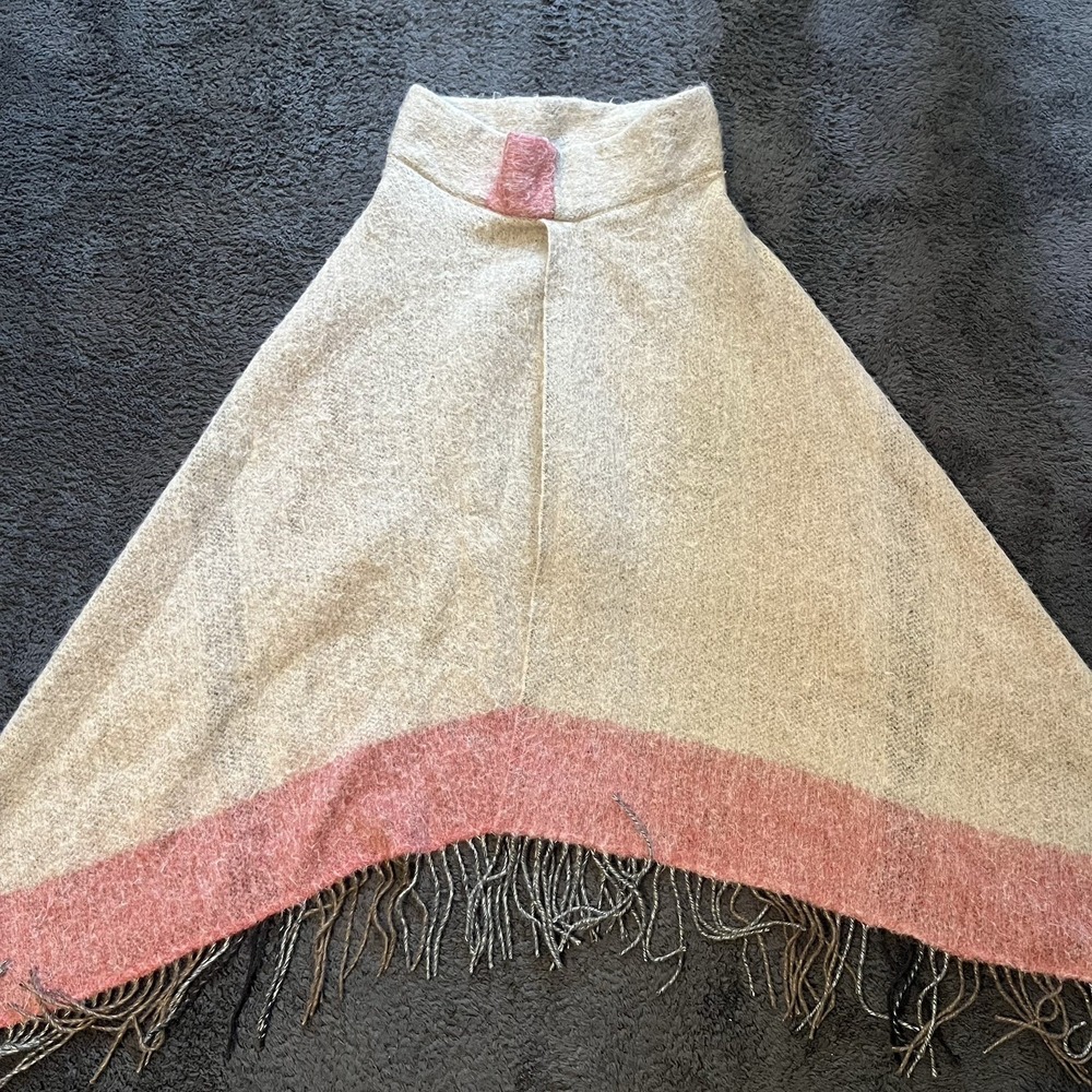 Zighilli fringe knit high mock neck poncho wrap wool blend beige pink